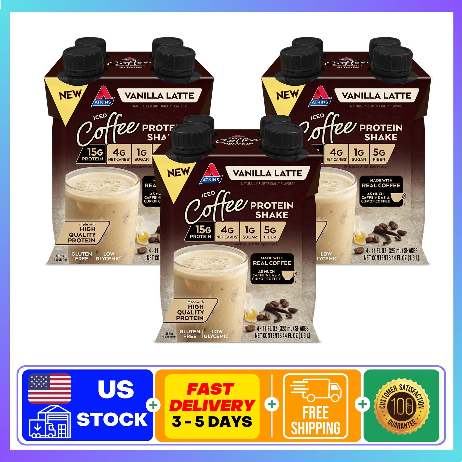 3/4ct Packs, Atkins Iced Coffee Protein Shake Vanilla Latte, 11 Fl Oz