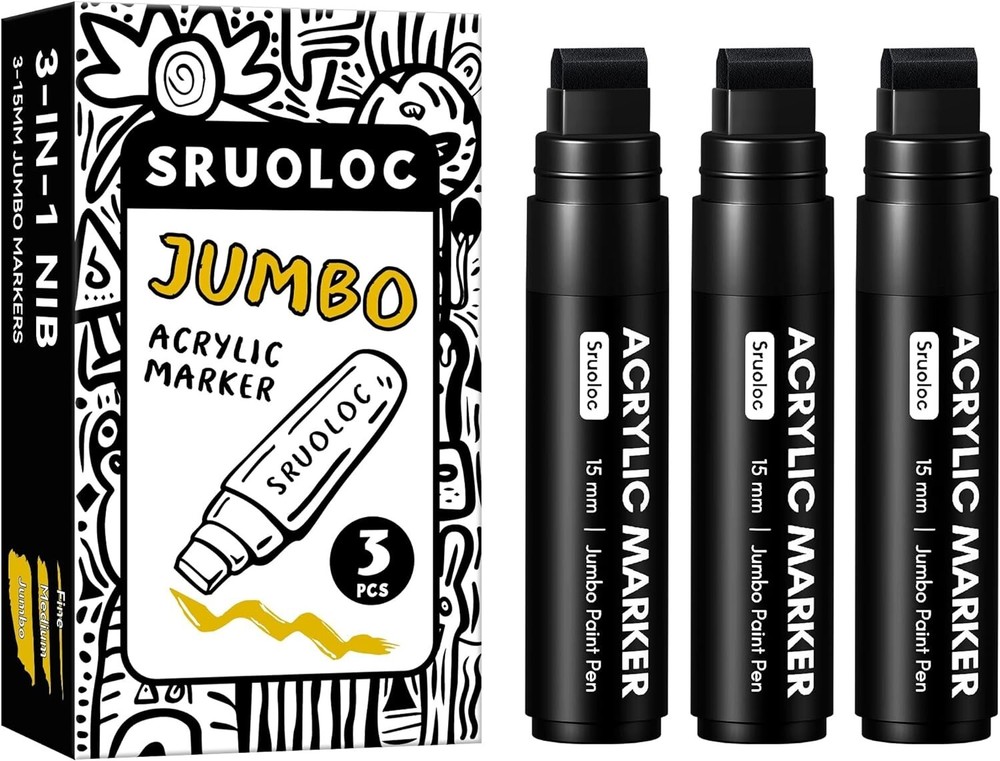 3 Jumbo Permanent Markers Black 15Mm Thick Wide Tip Large Acrylic Paint Marker..