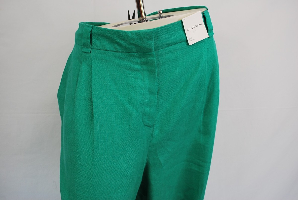 Autograph M&S Pure Linen Green High Waisted Wide Leg Trousers- UK 20 L29