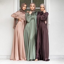 Satin Dubai Women Elegant Long Dress Abaya Muslim Robe Evening Kaftan Prom Gown