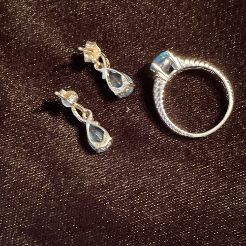London Blue Topaz Ring Sterling 14K Earrings Matching Blue White Stone - Picture 7 of 7