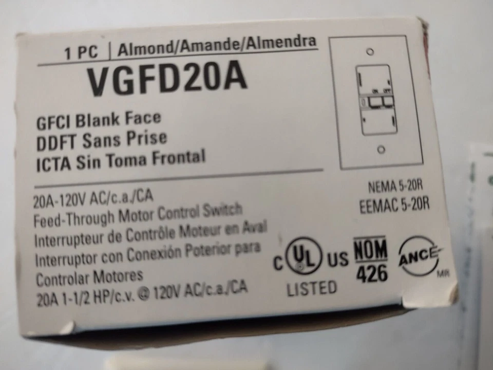 Cooper Wiring Blank Face GFCI Ground Fault Circuit Interrupter VGFD 20A Almond - Image 2 of 4