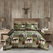 Green Brown Deer Moose Canoes Lodge 3 pc Quilt Set Twin Full Queen King Coverlet