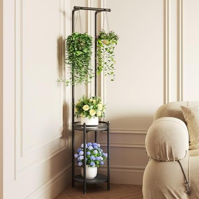 Plant Stand Indoor Outdoor - Heavy Duty Metal 2-tier Hanging Plant Holder Black