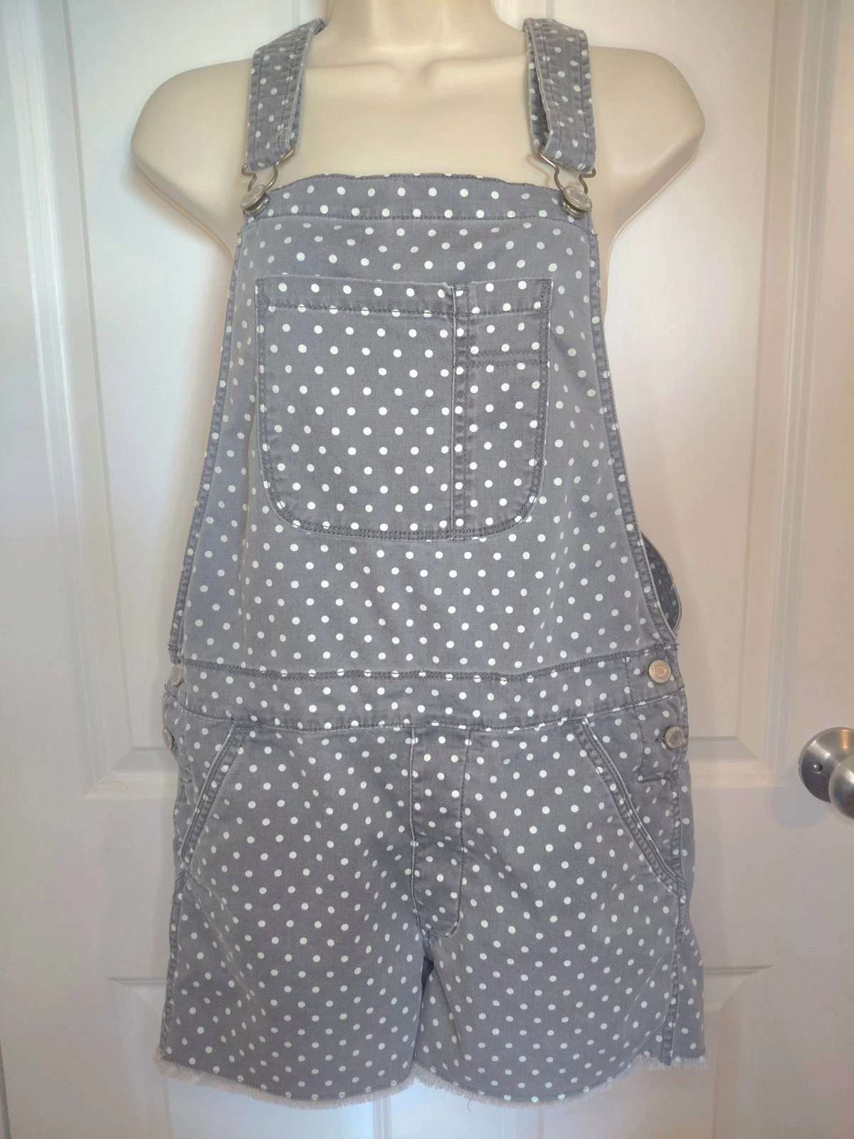 American Eagle Denim Short Overalls Womens Small Gray Blue Polka Dot Cutoff