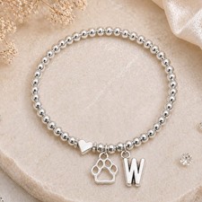 Silver Paw Print Initial Bracelet Beaded Stretch Pet Lovers Gift for Her or Girl