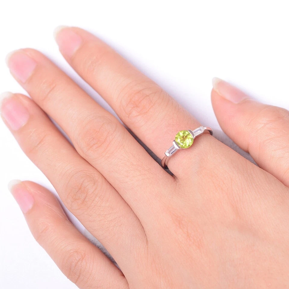 925 Sterling Silver Three Stone Peridot Ring Natural Round Gemstone Women Ring - Image 4 of 4