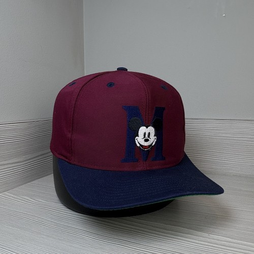Vintage 90's Disney Mickey Mouse Hat Maroon Navy Blue Magic Kingdom Cap Snapback