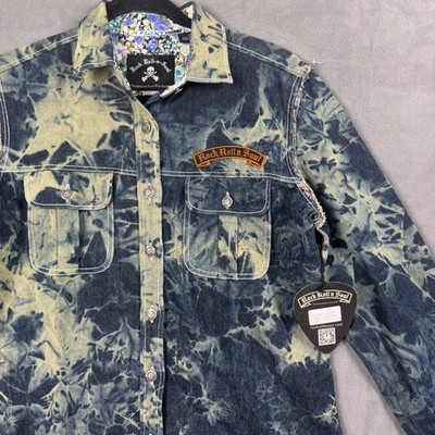 Rock Roll n Soul Navy Green Acid Wash Denim Shirt RRJW198 Small NEW