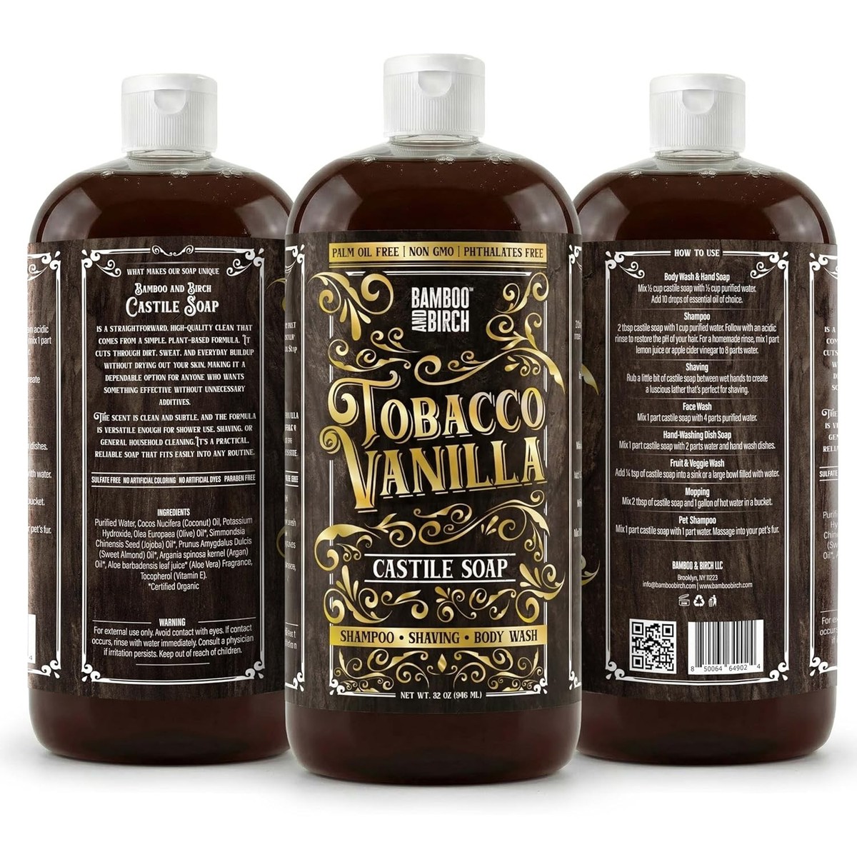 Bamboo & Birch Liquid Castile Soap - Natural, Palm Oil Free, Eco