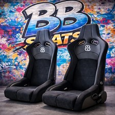 Pair BB8 Reclining Bucket Sports Seats Suede / Carbon Leather Style + Runners