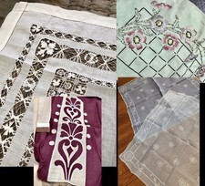 12Pc Arts & Crafts Era LINENS Tablecloths, Embroidered Pillow Slip, Apron & MORE