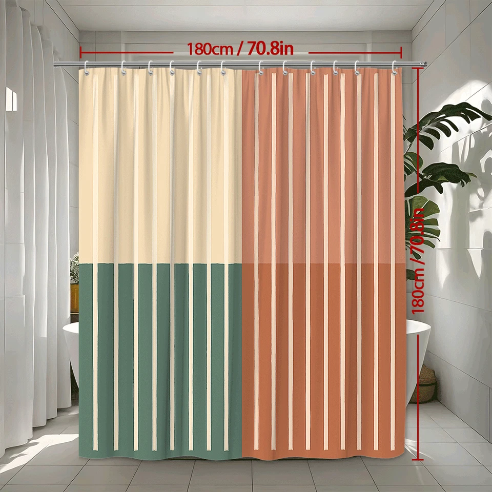 Cortina de ducha moderna a rayas en colores beige, verde y óxido Foto 3 de 4