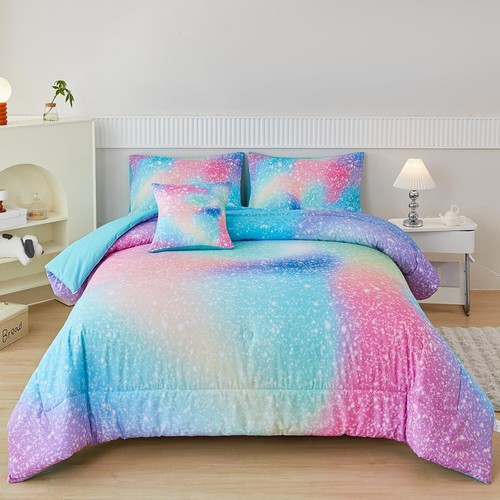 Queen 6Pieces Glitter Pink Comforter for Queen Size Bed, Colorful Tie Dye Ombre - Picture 2 of 6