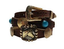 Scalloped HATBAND Leather w/ Turquoise,Gold,HORSE HEAD CONCHO'S & Buckle Western