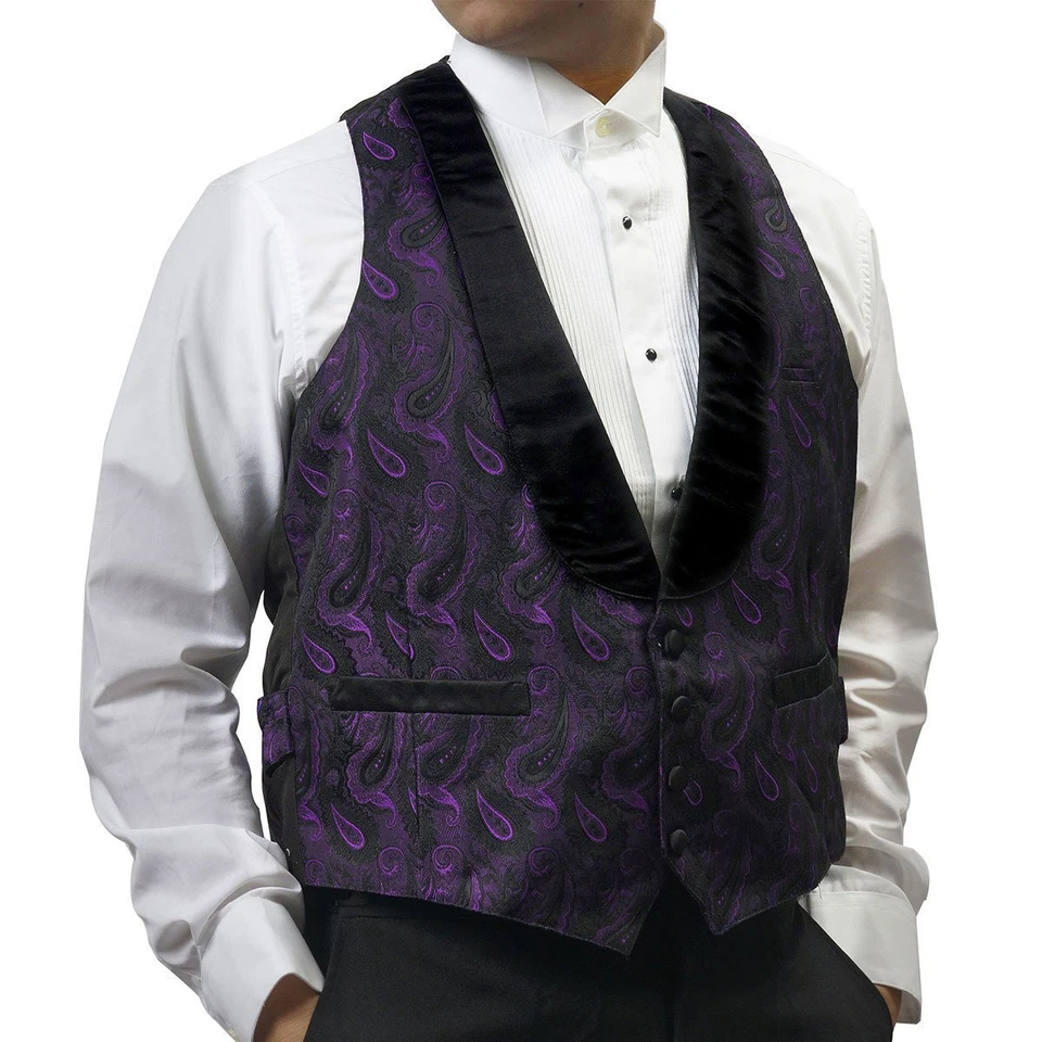 Mens Vintage Purple Brocade Tuxedo Vest Reverses to Solid Black - Image 2 of 4