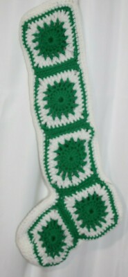 Vintage Crocheted Christmas Stocking Granny Square Green White Hand Made 22''