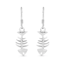 Charming Funky Fishbone Skeleton Sterling Silver Dangle Earrings