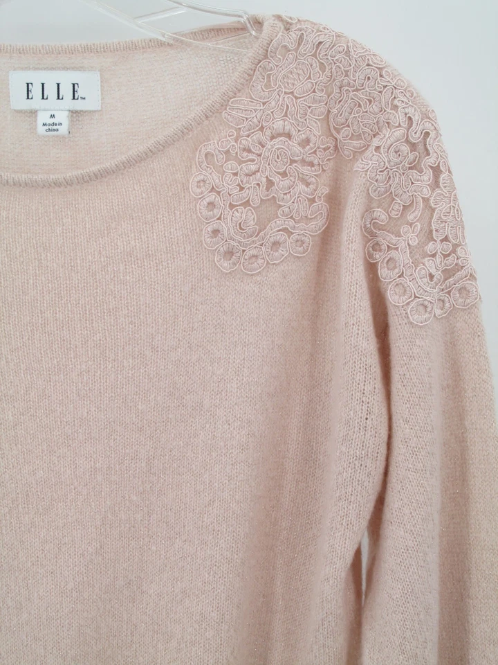 Suéter Pullover ELLE Mujer Talla Mediana Rosa Difuso Encaje Apliques Manga Larga Foto 4 de 4