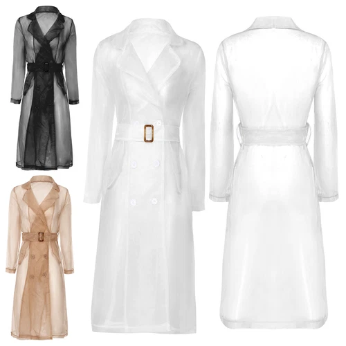 Womens Coat See Through Trench Notch Lapel Jackets Ladies Outerwear Cropped- - Picture 5 of 60