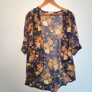 Teen Bell Open Front Sheer Kimono/Cover-up Navy Blue Floral Women's Size Medium