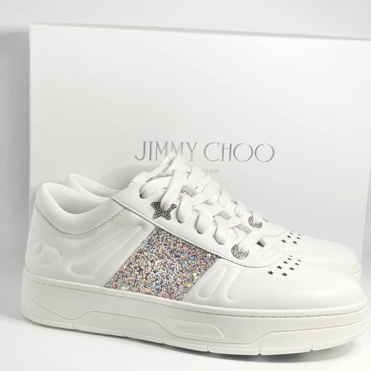 New Jimmy Choo Hawaii Glitter Leather Sneakers Size 37.5EU/7.5US $580