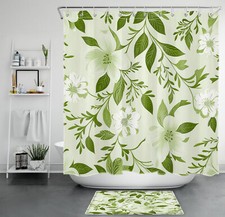 Sage Green Botanical Leaf White Wildflower Shower Curtain Set for Bathroom Decor