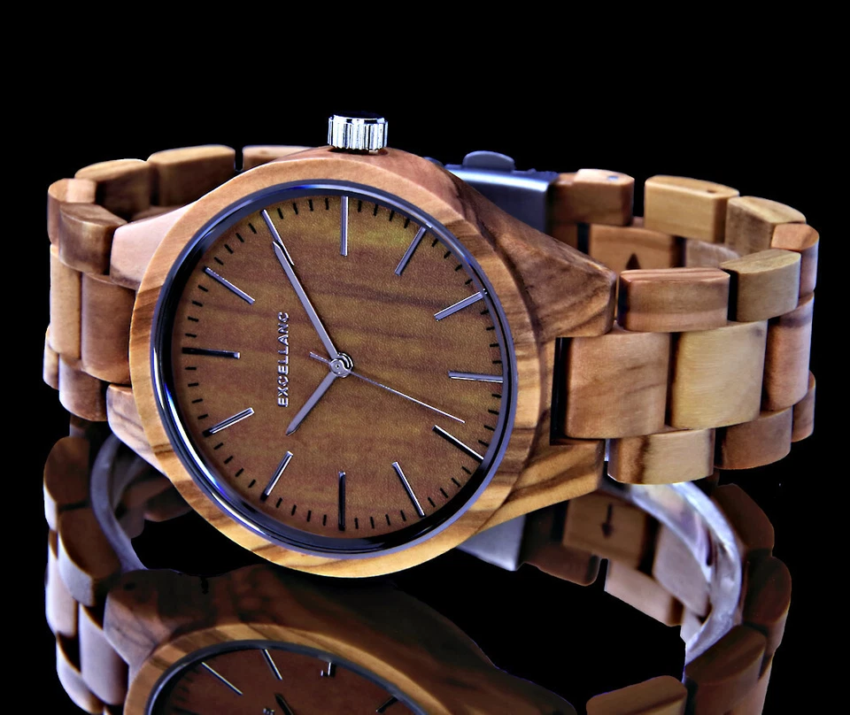Excellanc Herren Armband Männer Uhr Oliven Holz Holzuhr braun Men Wood Watch 2 - Bild 2 von 4
