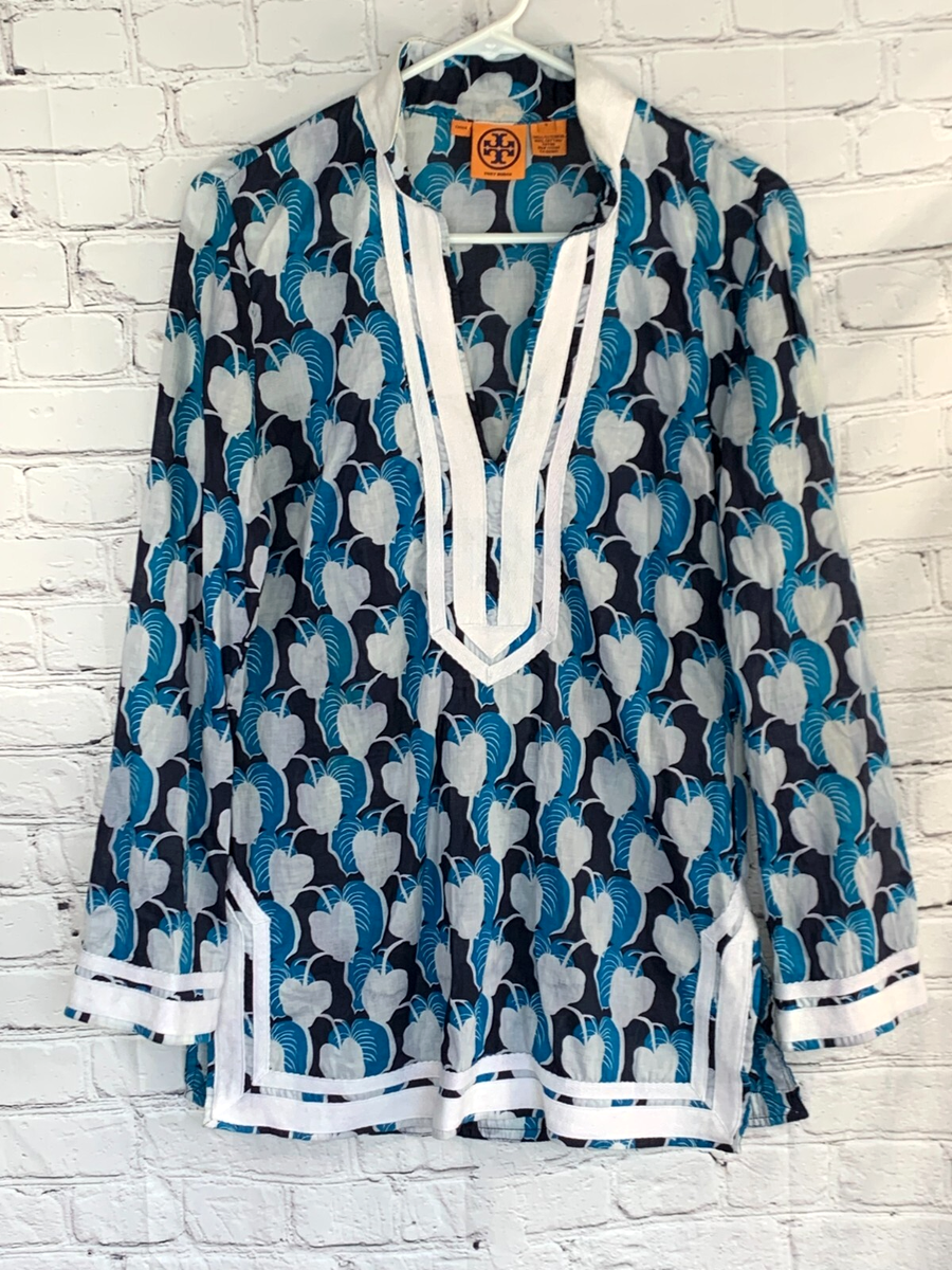 NEW $328 TORY BURCH BLUE WHITE LEAF MIRRORED PRINT TUNIC 100