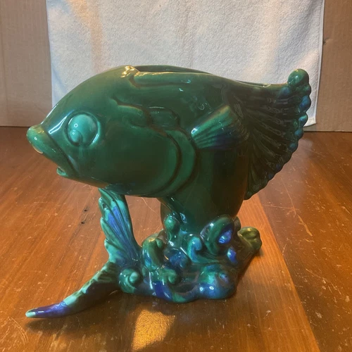 Vintage Royal Haeger USA R284 Jumping Koi Fish Planter Green MCM