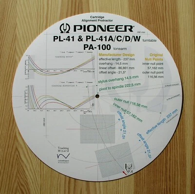 TRACKING WIZARD Pioneer PL-41/PL-41A/C/D/W & PA-100 Custom Designed Tonearm Alignment Protractor