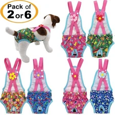 PACK 2 or 6 Female Dog Diapers Washable Reusable with Suspenders for Small Pet