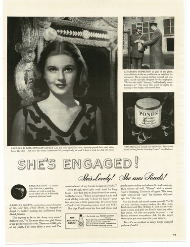 1943 Pond's Cold Hand Cream Barbara Sheets Long Island NY Vintage Print Ad