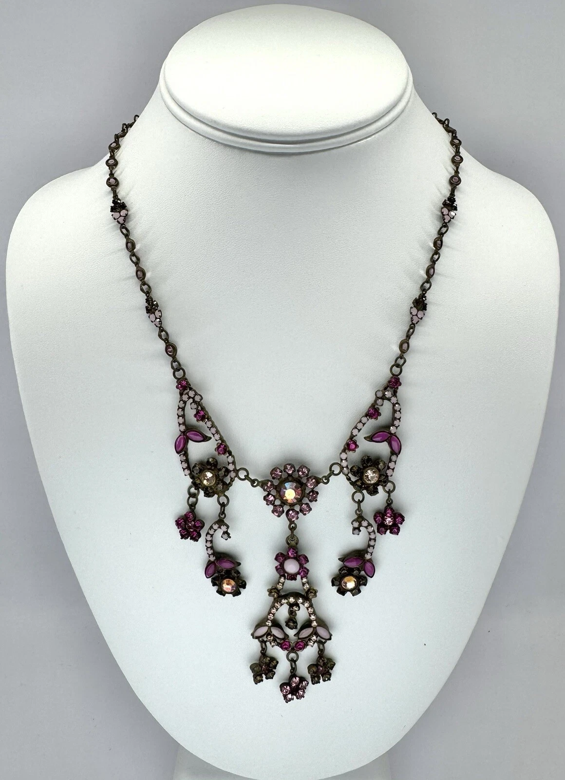 SORRELLI Swarovski Crystal Pink Floral Brass Bib Vintage Necklace Jewelry N33