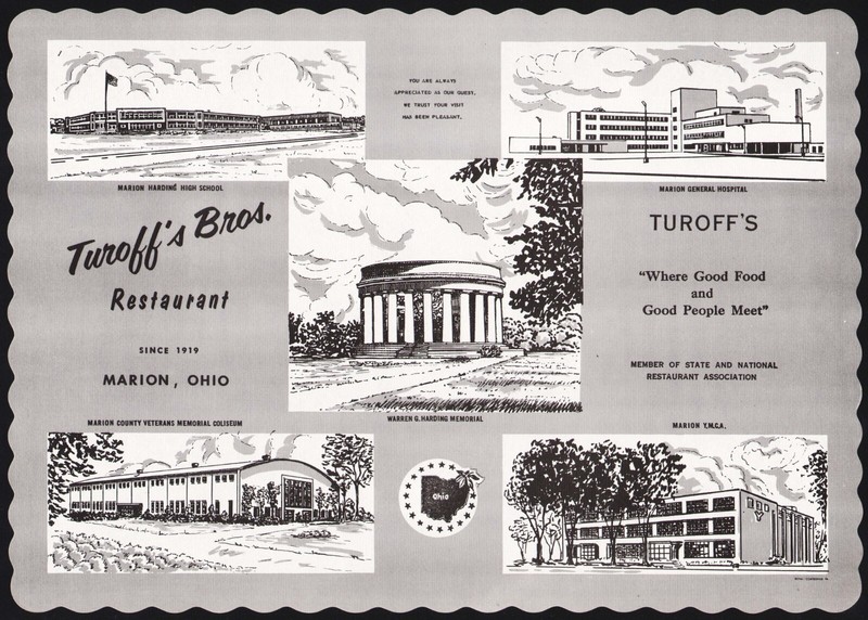 Vintage placemat TUROFFS BROS RESTAURANT Warren G Harding Memorial Marion Ohio