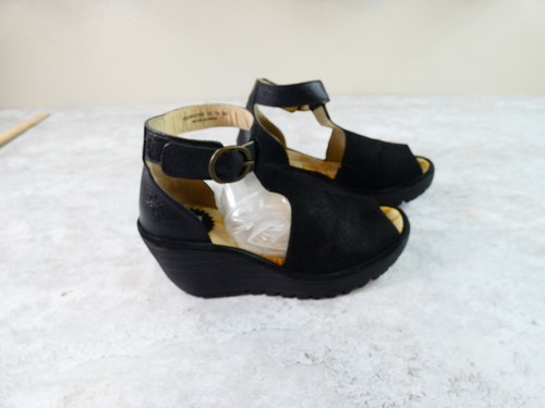 Fly London Wedge Sandal Womens 5.5 Black Yake Leather Boho Ankle Strap Shoe - Picture 2 of 14