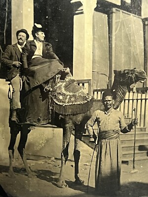 Antique Victorian Tintype Scarce Worlds Fair Chicago 1898 Couple On Camel Idd