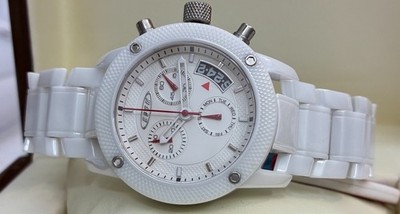 ESBM Damenuhr Luxus Designer Chronograph Weiß Keramik  Saphirglas mit Holzbox