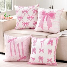 4 Pcs Pink Bow Pillow Covers 18 x 18 Inch Coquette Pink Embroidered Pillow Co...