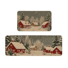 Red House in Snow Christmas Kitchen Rugs Set of 2, Vintage Farmhouse Winter