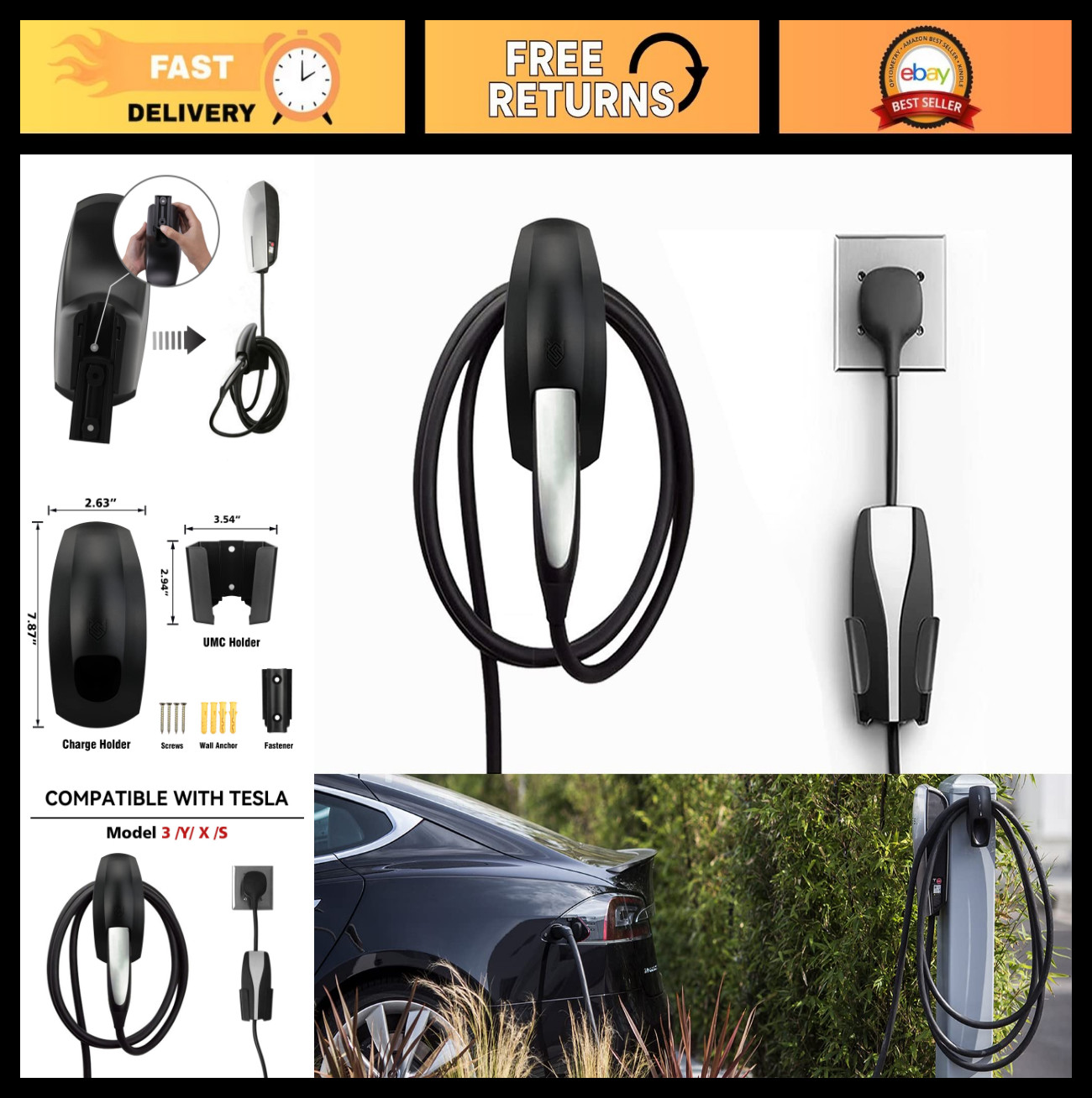 Charging Cable Holder for Tesla Model 3 Y X S - Wall Connector Organizer, Black