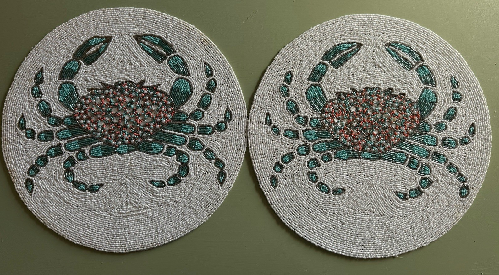 Set Of 2 Coastal Collection Colorful Crab Beaded  15” Placemat Charger NEW India