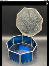VTG Blue Stained Glass Etched Top Art Glass Octagon Jewelry Box Hinged Lid
