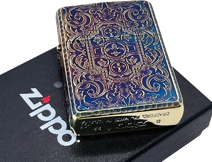 Armor 5 Sides Arabesque Engraved Antique Brass Zippo MIB Rare Velour Case