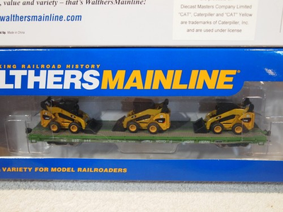 #ad #ad BURLINGTON NORTHERN . 60ft. P S FLAT CAR WITH 3 ATTACHED quot;CATquot;272C SKID STEERS $60.00