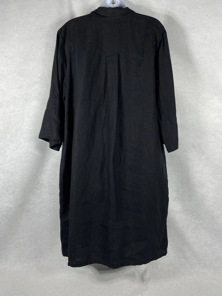 Vestido Camisa Chico’s Mujer’s 3 US 16 Negro 100% Lino Mangas 3/4 Cuello Volantes Foto 4 de 4
