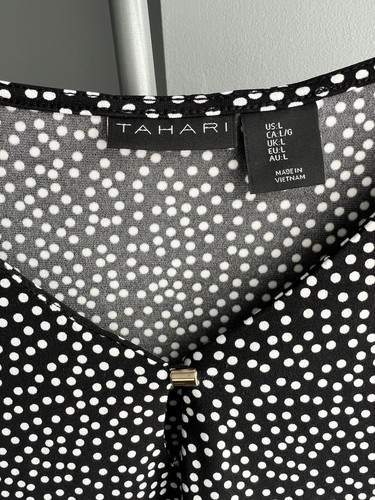 Tahari Women’s Blouse Large Casual Long Sleeve Black White Dots Logo V-neck - Picture 4 of 6