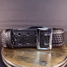 Galls Duty Belt Size 34" Sam Browne Basketweave Black Leather Nickel Buckle 2.25