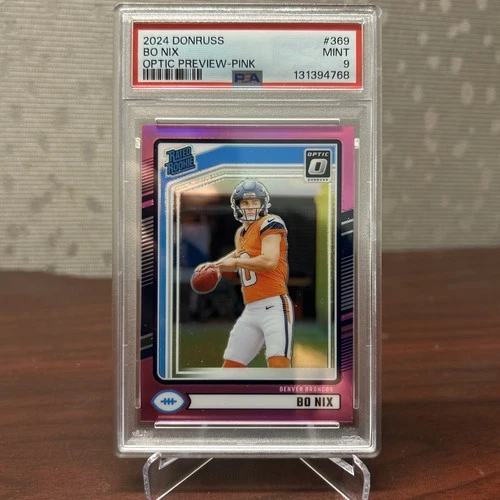 2024 Panini Donruss Rated Rookie Bo Nix #369 Optic Preview Pink Prizm RC PSA 9