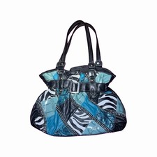 Y2K Patchwork Shoulder Bag - Turquoise Zebra Print Rhinestones
